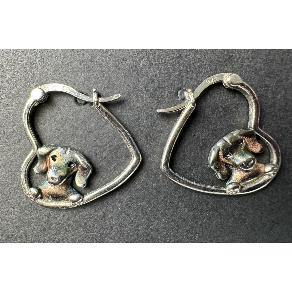Sterling Silver 925 Dachshund Dog Design Set Within Heart Shaped Hoop